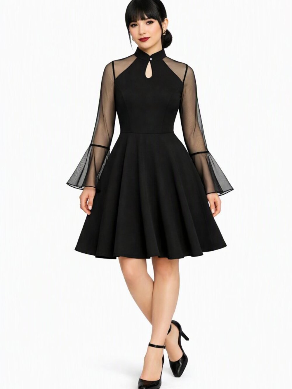 Mesh Gothic Retro  Vintage Style  Dress Black with Sheer Sleeves Size  Small